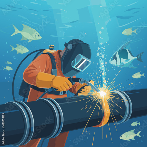 Illustration of an underwater welder in an orange suit and helmet welding a large pipeline with bright sparks.