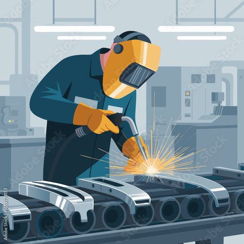 Industrial welder in a yellow mask and blue uniform working on a factory assembly line.