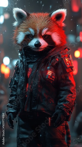 futuristic red panda wearing  a sleek cyberpunk jacket.wallpaper for mobile phone.