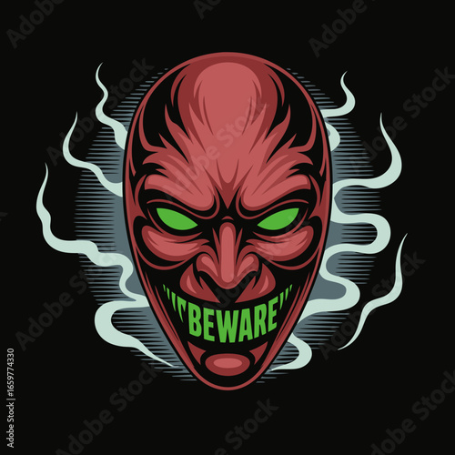 Menacing red demonic mask with glowing green eyes and Beware text for teeth.