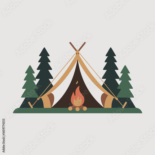 Minimalist campsite illustration with a canvas Aframe tent a warm campfire and surrounding evergreen pine trees.