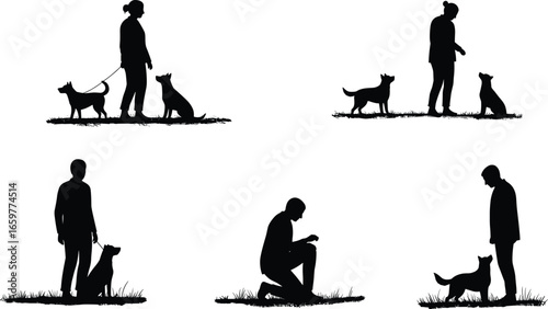 Silhouettes of people training dogs on white background with grass detail obedience