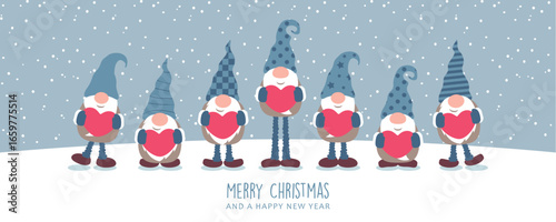 cute dwarf holding hearts and snowy landscape christmas greeting card vector illustration