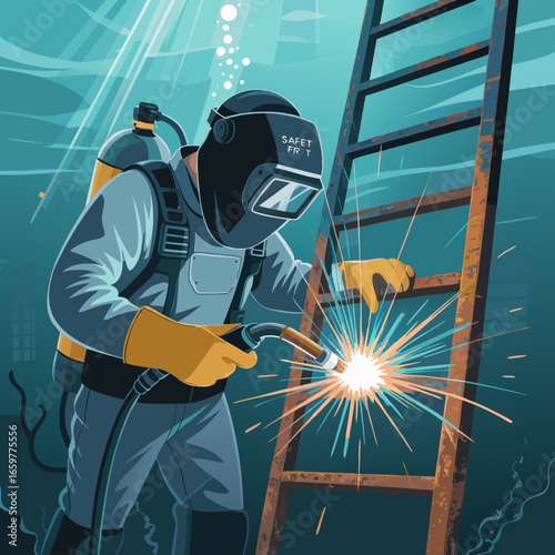 Professional underwater welder in a helmet and diving suit using a torch on a metal ladder.