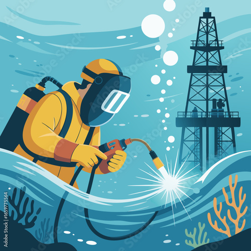 Professional underwater welder in a yellow suit and helmet performing hyperbaric welding.