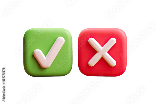 Two 3D rendered, square icons.  Green square with a white checkmark, red square with a white X.  Icons have a slightly raised, rounded effect