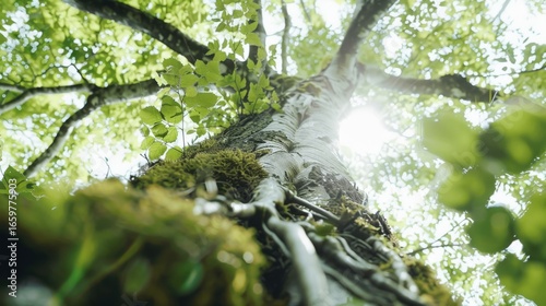 Tree of Life, close-up of strong roots and fresh leaves under bright sky, hands supporting tree, symbolizing growth and environmental stewardship