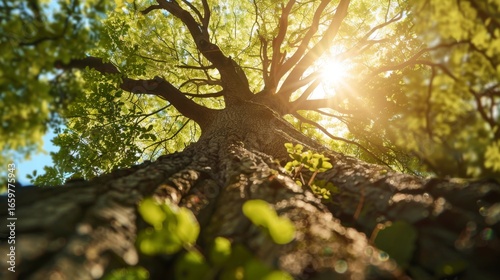 Tree of Life, vibrant roots and fresh leaves against a clear sky, hands nurturing growth, symbolizing environmental stewardship and renewal