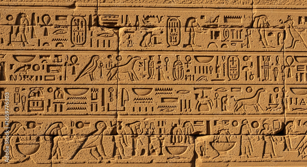 Naklejka premium Ancient Egyptian Hieroglyphs Carved on Stone Wall