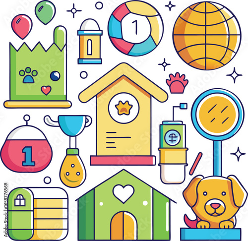 Charming collection of cute kawaii pet accessories and playtime items featuring dogs and animals in bright colors