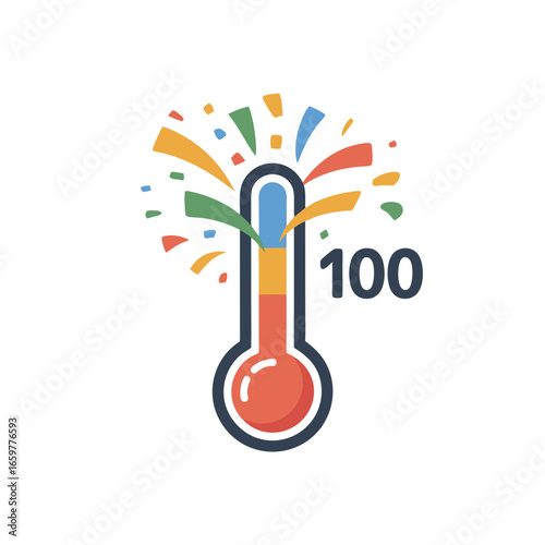 Stylized fundraising thermometer icon reaching 100 percent goal with colorful confetti.
