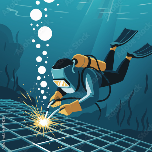 Stylized illustration of an underwater welder in a blue wetsuit and helmet creating bright sparks on a metal grid.