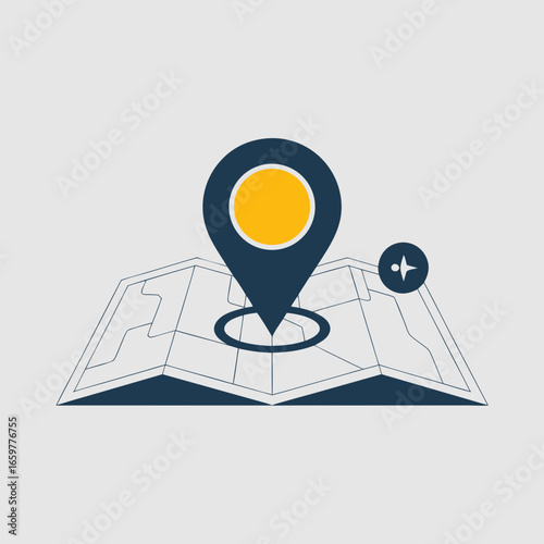 Stylized Map with Navigation Pin and Compass Icon.