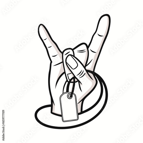 Rock on hand gesture with blank tag music horns