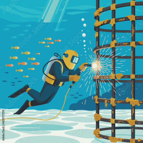 Underwater Welder in Action Repairing Submerged Metal Structure.