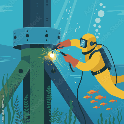 Underwater Welder Repairing Submerged Metal Structure.