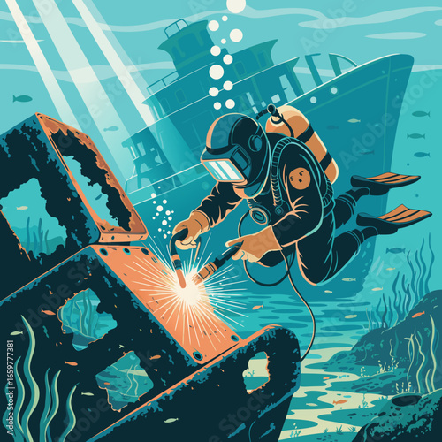 Underwater Welder Repairing Shipwreck with Sparks Flying.
