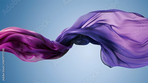Vibrant Flowing Fabric in Shades of Purple and Pink Against a Soft Blue Background