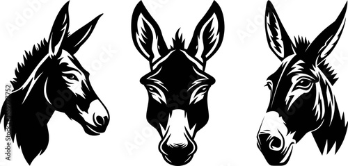 Set of black donkey icons on white background, minimalist vector silhouettes representing farm animals, agriculture, strength and rural lifestyle design