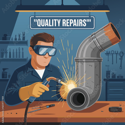 Welder with Safety Goggles Repairing Pipe with Welding Torch in Workshop.