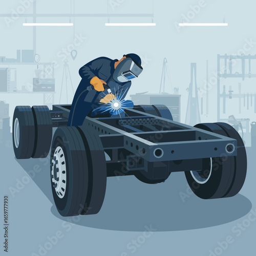 Welder Working on a Truck Chassis in a Workshop.