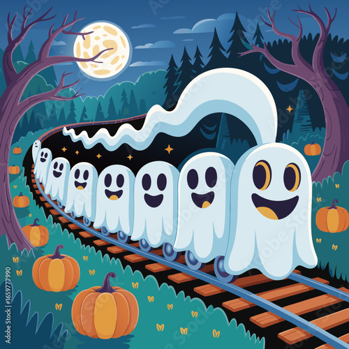 Whimsical Halloween Ghost Train Journey Through Spooky Night Scenery.