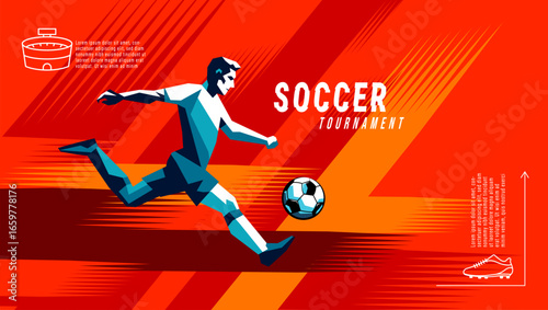 Vibrant football illustration with geometric player silhouette and abstract brush stroke background.