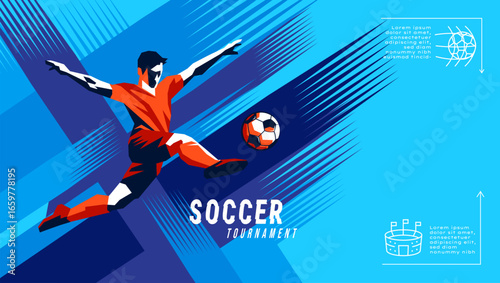 Vibrant football illustration with geometric player silhouette and abstract brush stroke background.