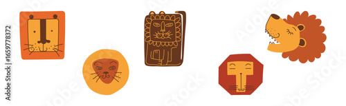 Funny Lion with Pretty Muzzle and Mane Vector Set