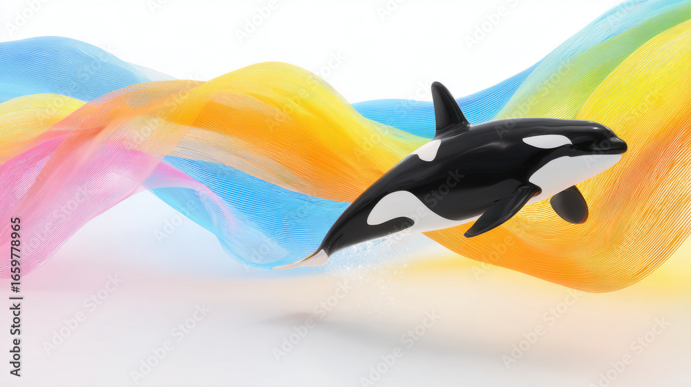 Obraz premium Orca whale jumping through rainbow colors on white background