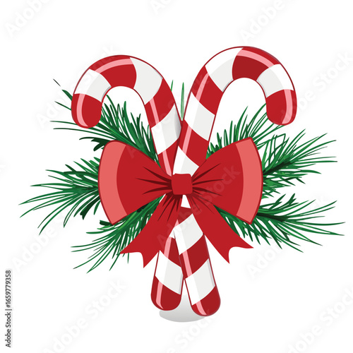 Red bow green pine branches crossed candy canes christmas white