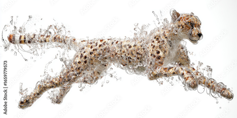 Fototapeta premium Cheetah running with water splashes and swirls on white background
