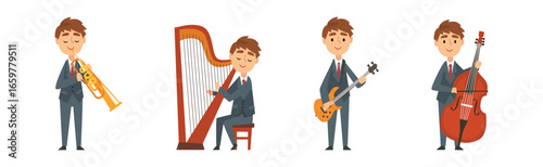 Man in Suit Playing Musical Instrument on Stage Vector Set