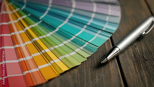 Color swatches fan, pen on wood table, design inspiration