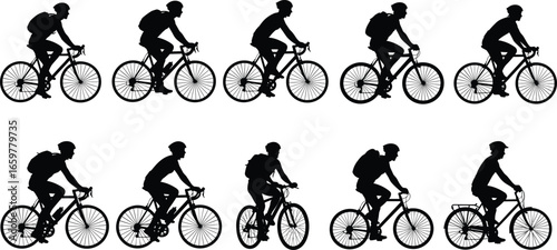 Cyclist silhouettes, people riding bicycles, vector bike rider icons, backpack cycling figures, transportation illustration, sports activity art, commuting and outdoor cycling design
