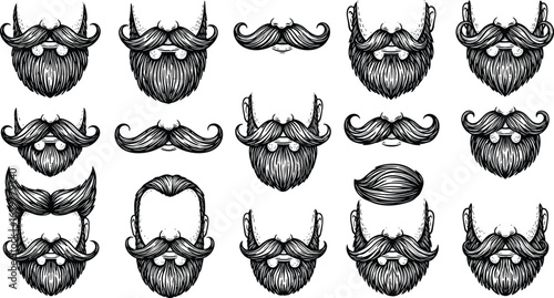 Beard and mustache styles, facial hair illustrations, vector grooming icons, trendy male grooming art, hipster beard designs, stylish mustache shapes