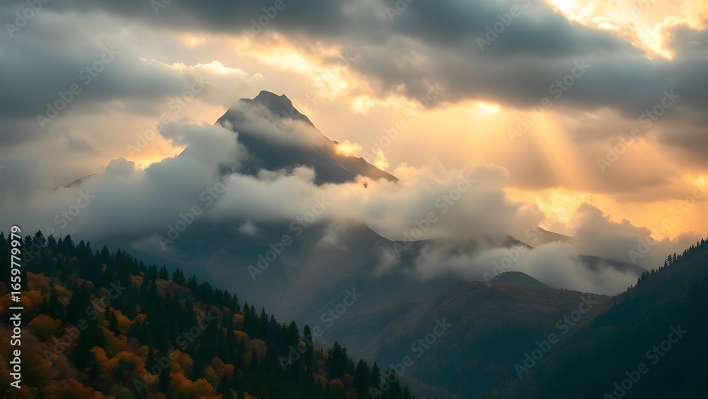 Obraz premium At sunrise, a verdant hilltop covered in white mist