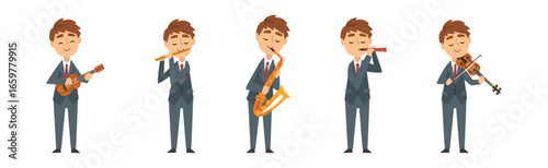 Man in Suit Playing Musical Instrument on Stage Vector Set