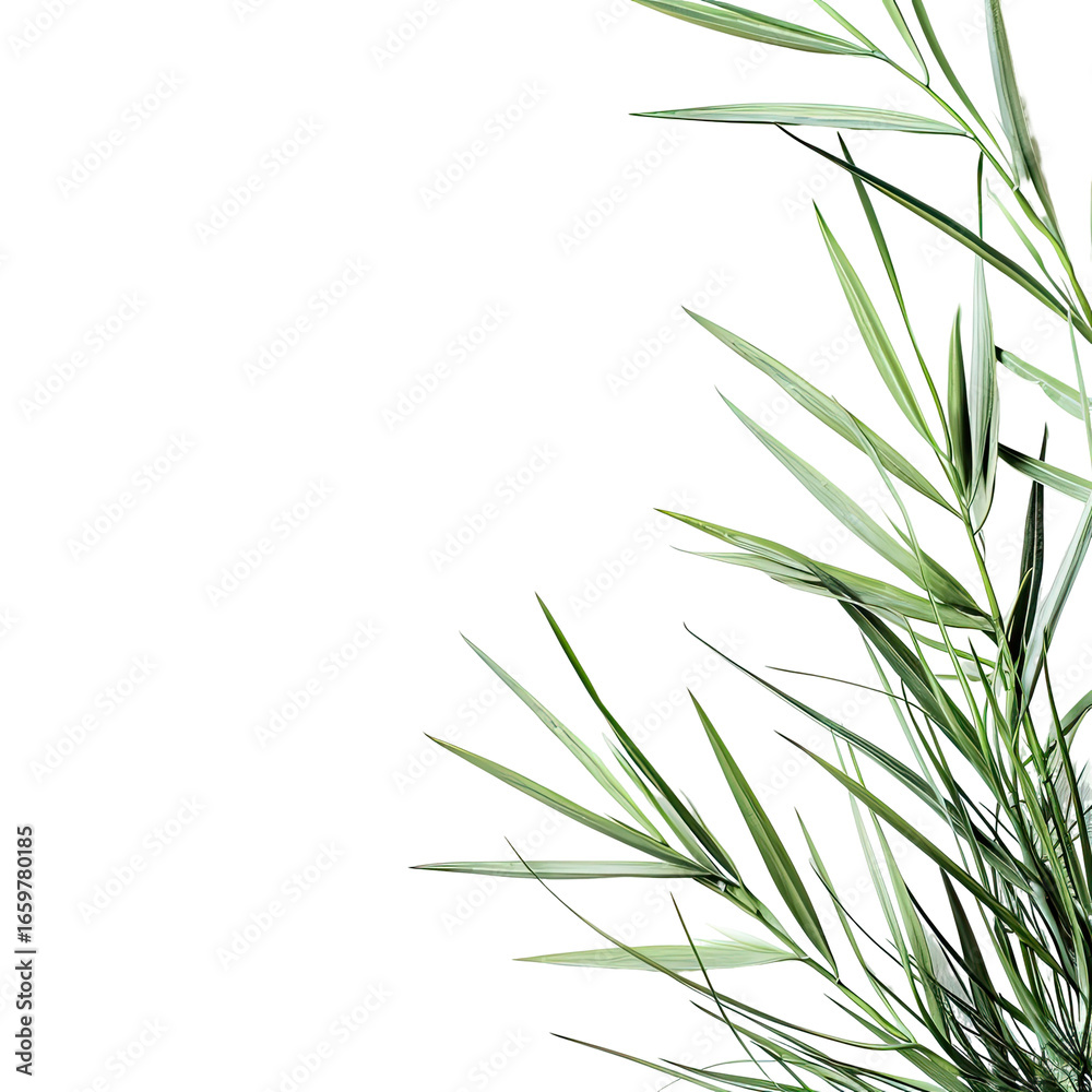 Fototapeta premium Lush green plant fronds with needle-like leaves, against a solid black background