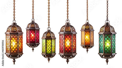 A group of vibrant ornate metal lanterns with colorful glass panels, isolated on transparent background