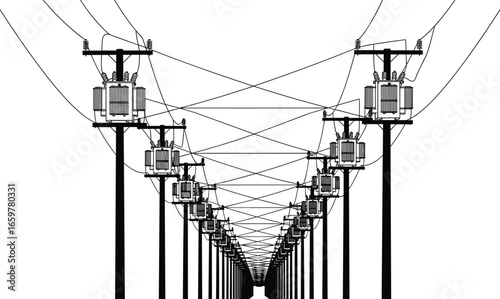 Electrical power poles, utility line infrastructure, vector distribution network art, high voltage pole design, energy transmission illustration, industrial electricity grid engineering icons