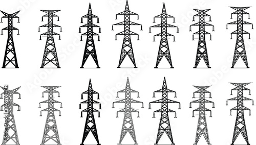 Electrical transmission towers, pylon structure illustrations, high voltage power line supports, vector energy infrastructure art, grid network design, industrial utility engineering icons