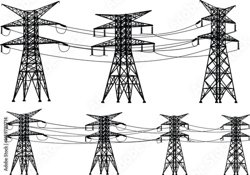 High voltage transmission towers, pylon lattice structures, electric power line supports, vector energy grid design, industrial utility engineering art, electricity infrastructure illustration
