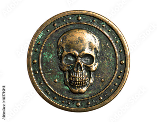 Old pirate bronze medallion coin with a skull in the middle isolated on transparent background.