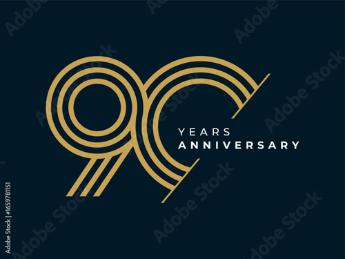 90 Years Anniversary design vector illustration. Unique 90 years logo design template. In gold color