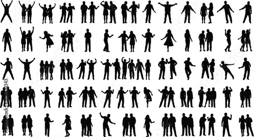 People silhouettes, human figures in motion, vector crowd icons, social interaction art, lifestyle activity illustration, group and pair poses, communication design elements