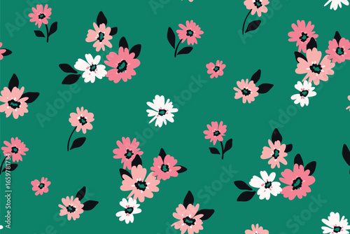 Seamless floral pattern, liberty ditsy print of mini pretty flowers on green. Cute botanical design of gentle hand drawn plants, small pink flowers, tiny leaves, simple bouquets. Vector illustration.
