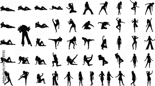 Silhouette fashion people in various poses, diverse clothing styles, standing, posing, waving, gesture variety, human figures, vector design, crowd scene, lifestyle