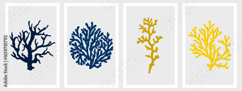 Vector Sea Coral Icon Set. Boho Seaweed, Reef Silhouettes. Matisse Style Ocean Simple Plant. Coastal Summer Beach Illustration for Print, Poster, Logo. Naive Art Coral Set. Reef, Algae Organic Shape.
