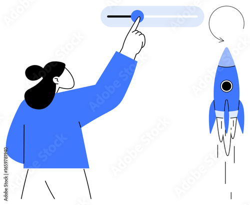 Woman interacts with a slider, controlling a launching blue rocket. Ideal for innovation, startups, technology, progress, control, business growth and aspiration. Minimal simple flat metaphor